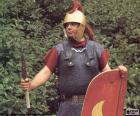 Римский солдат, вооруженных легионеров с пилум (копье), меч, шлем, доспехи и щит